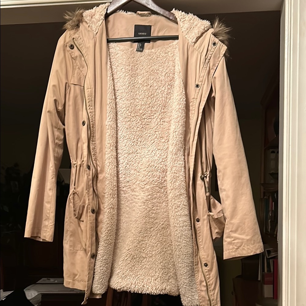 Forever 21 Tan Utility Jacket with Hood and Soft Lining